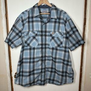 Men’s Carhartt Blue Plaid Button-up Short Sleeve Shirt Relaxed Fit Size 2XL